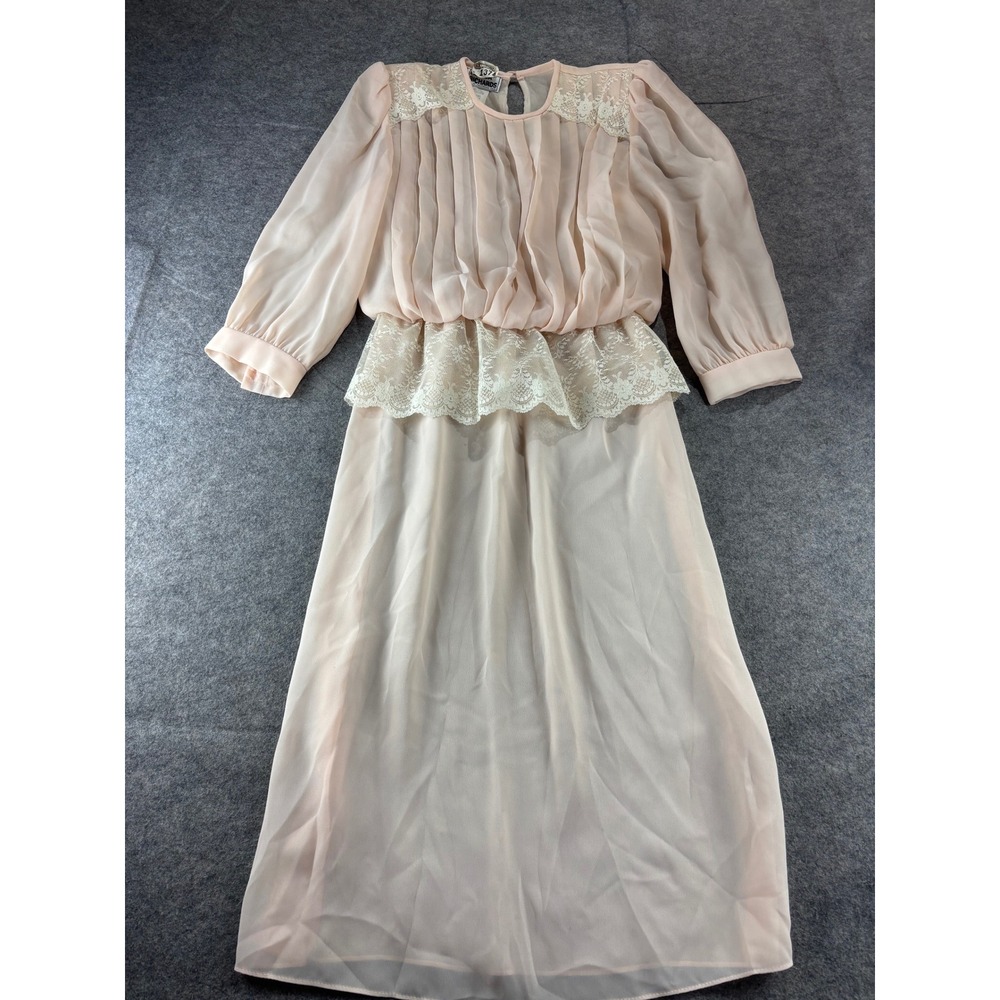 Monica Richards VTG Sheer Peach Chiffon‎ Lace Maxi Dress Pleated Peplum Size 10